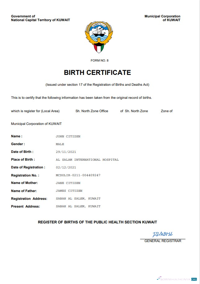 Download Kuwait vital record birth certificate Word and PDF template Photoshop template